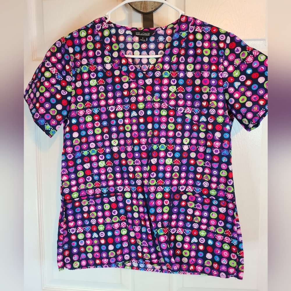 (789) Zoe+Chloe Woman's Colorful Icon dots Scrubs, Size: Small Color: Black